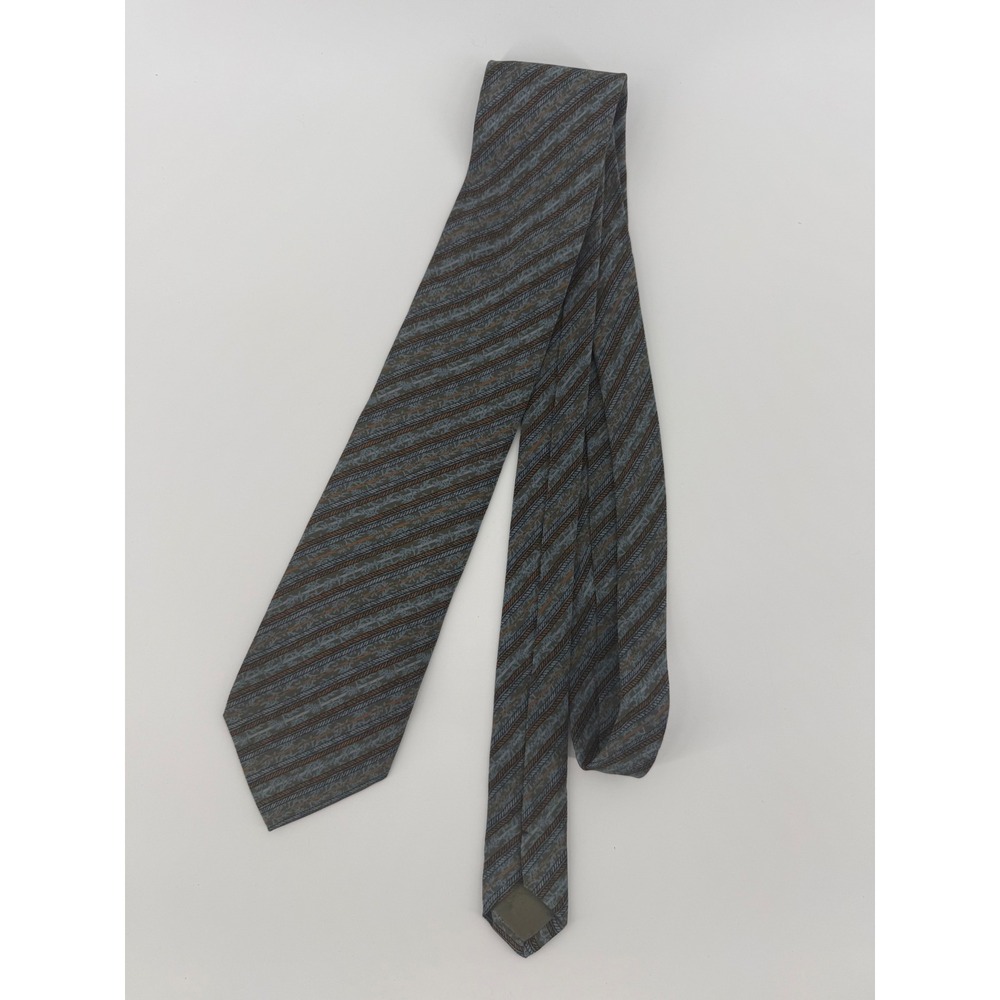 Brioni Mens Silk Tie Blue Grey Bronze Striped Geometric Leaf Pattern Made Italy